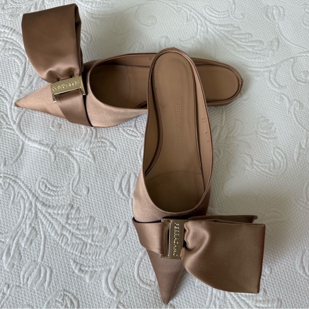 Salvatore Ferragamo Bronze Mules with Bow Accent